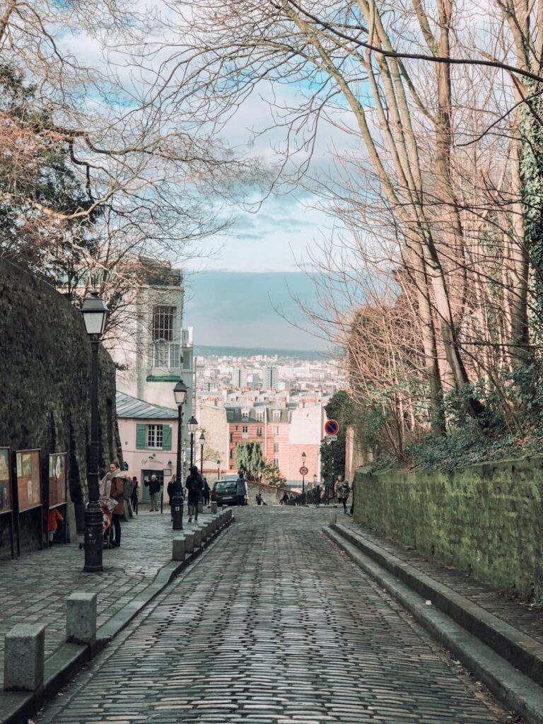 Picturesque cobblestone street in Montmartre with city view, capturing Parisian charm.